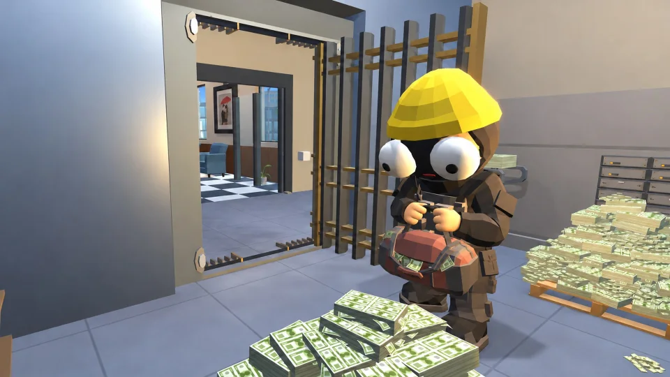 A robber loads a duffel bag in a vault surrounded by stacks of cash.