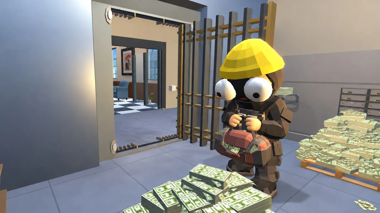 A robber loads a duffel bag in a vault surrounded by cash.