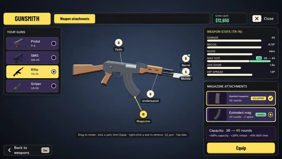 The gunsmith menu showing rifle attachments and stats.