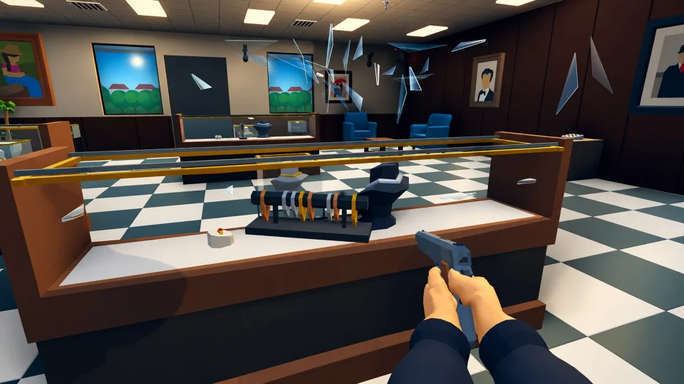 First-person view of a pistol aimed at a jewellery display case as glass shatters.
