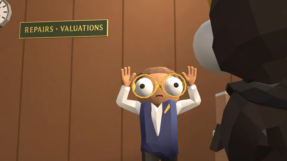 A clerk with glasses raises both hands in front of a repairs counter.