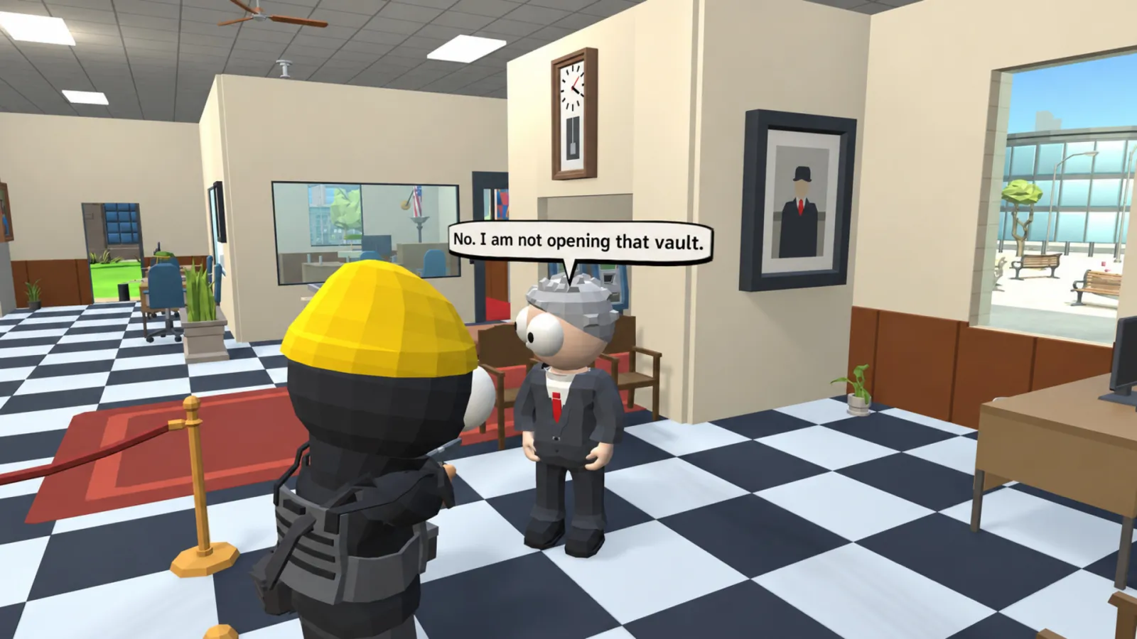 A bank manager tells a robber he is not opening the vault.