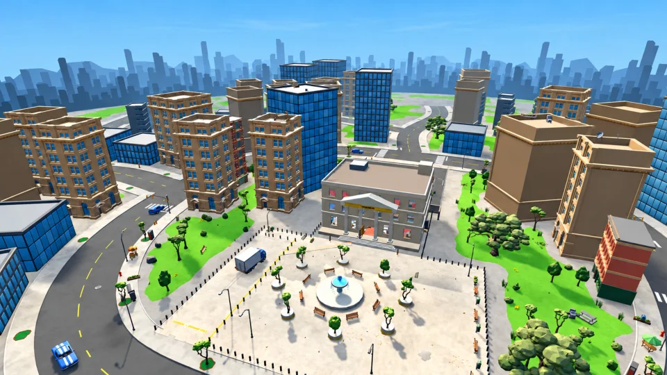 Aerial view of the city and the bank at its center.