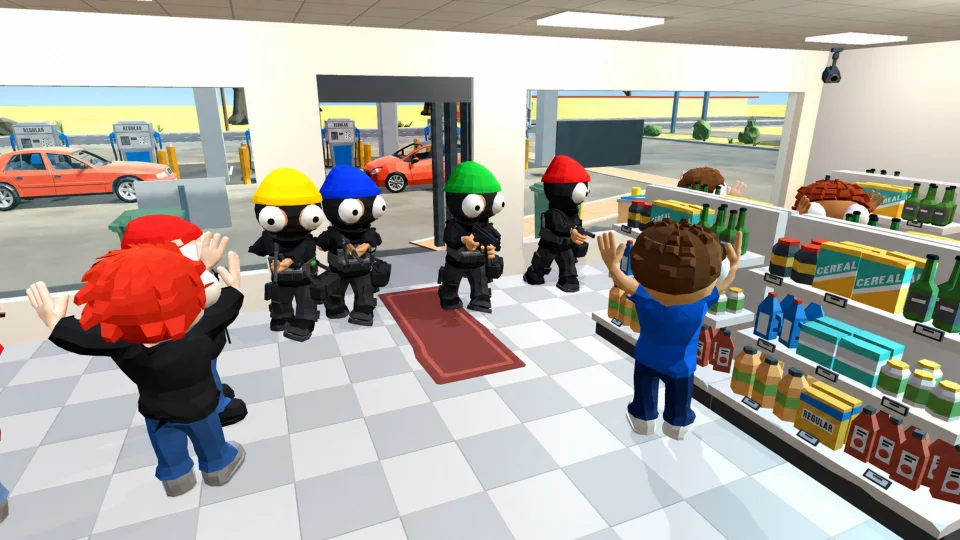 Robbers hold up a gas station shop while customers raise their hands.