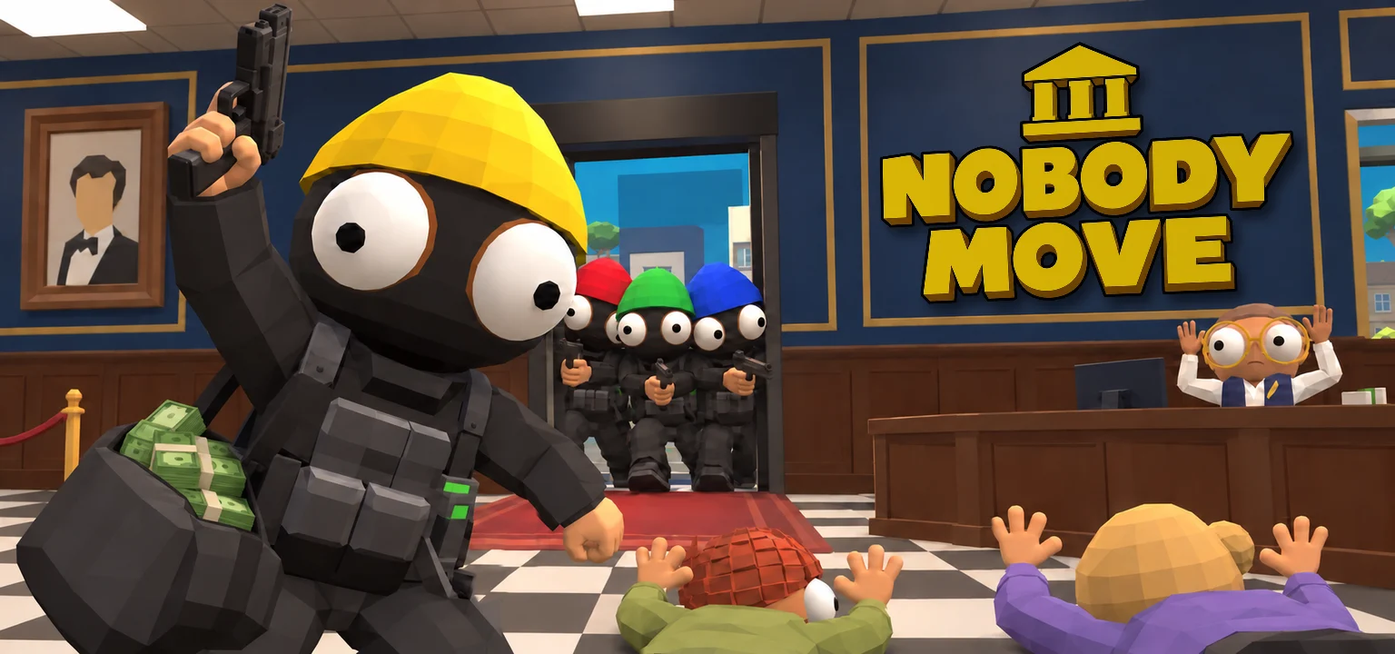 A masked robber in a yellow beanie raises a pistol in a bank lobby while his crew enters behind him and two hostages lie on the floor.