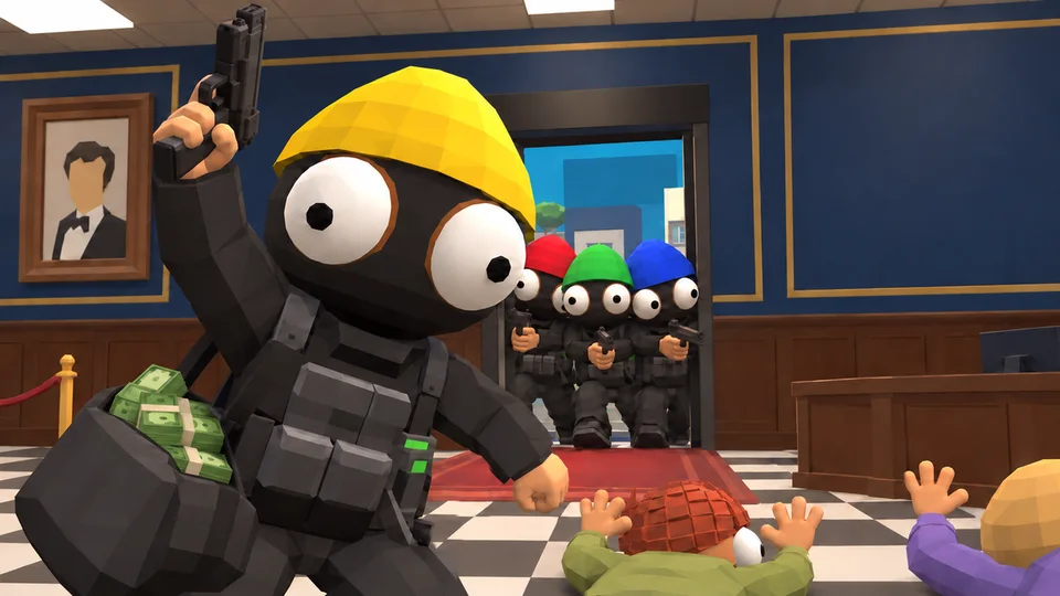 A robber in a yellow beanie raises a pistol with a bag of cash while the crew arrives behind him.
