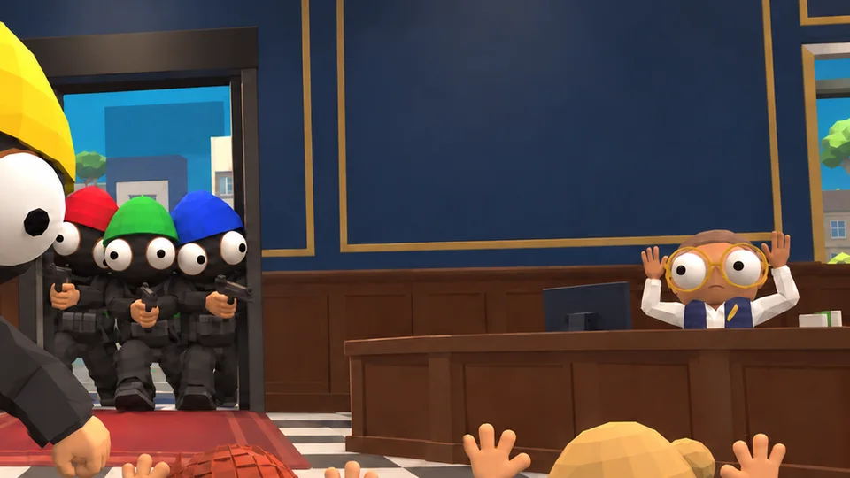 Three robbers in beanies arrive at the bank door while the manager raises his hands.