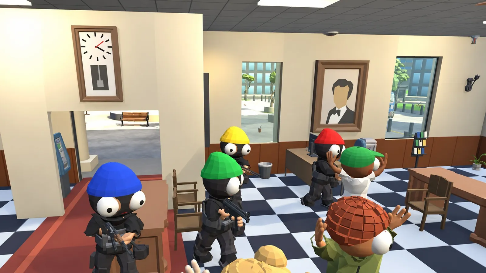 Four robbers in coloured beanies move through the bank lobby while hostages raise their hands.