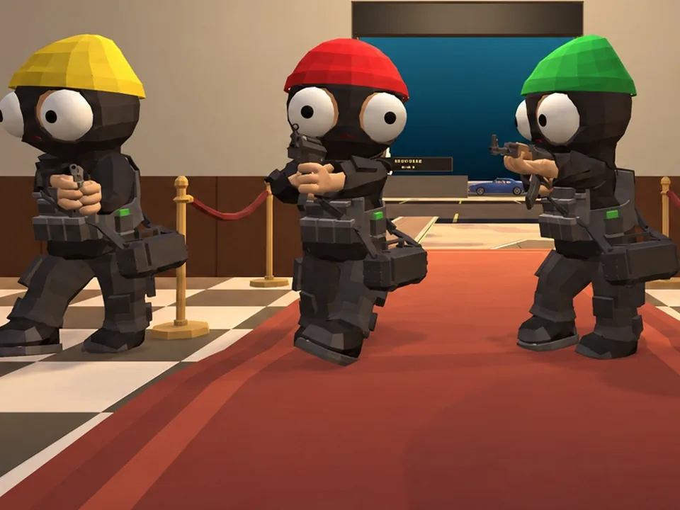 Three masked robbers in yellow, red and green beanies stand side by side in the bank lobby.
